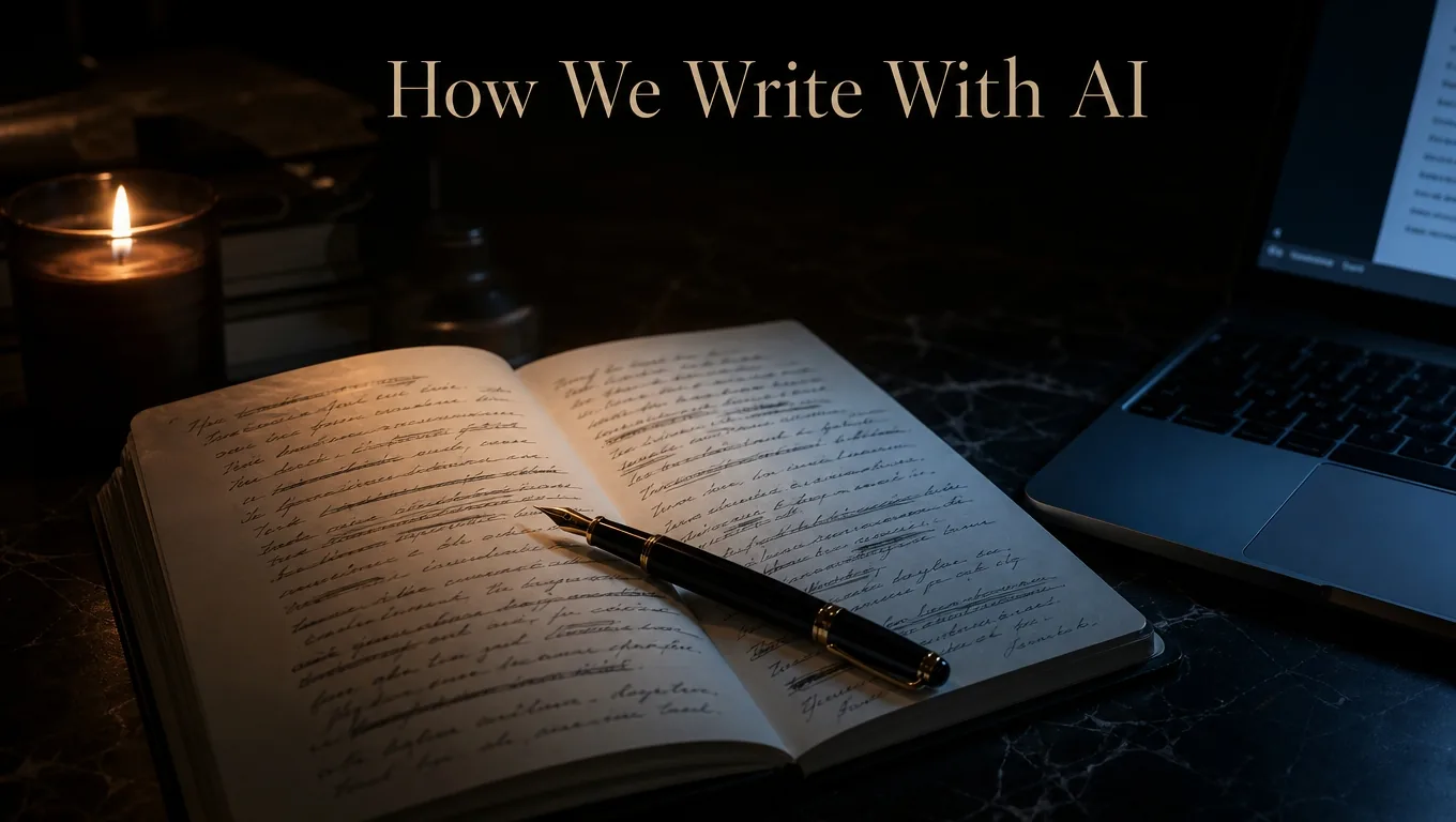 A writer's desk at night. An open notebook of handwritten lines, many crossed out, a fountain pen across it, a candle on one side and a laptop's glow on the other.