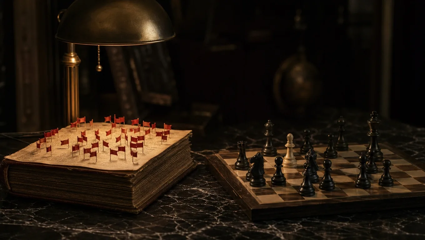 A thick manuscript under a brass desk lamp, its pages bristling with small red flags, beside a chessboard where a single white piece stands against many black ones.