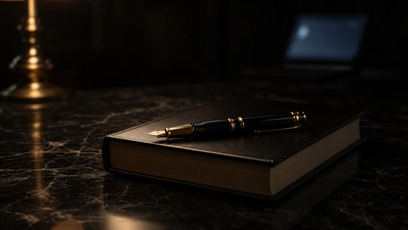 A finished hardcover book lying closed on black marble with a fountain pen across it. A screen glows faintly far behind.
