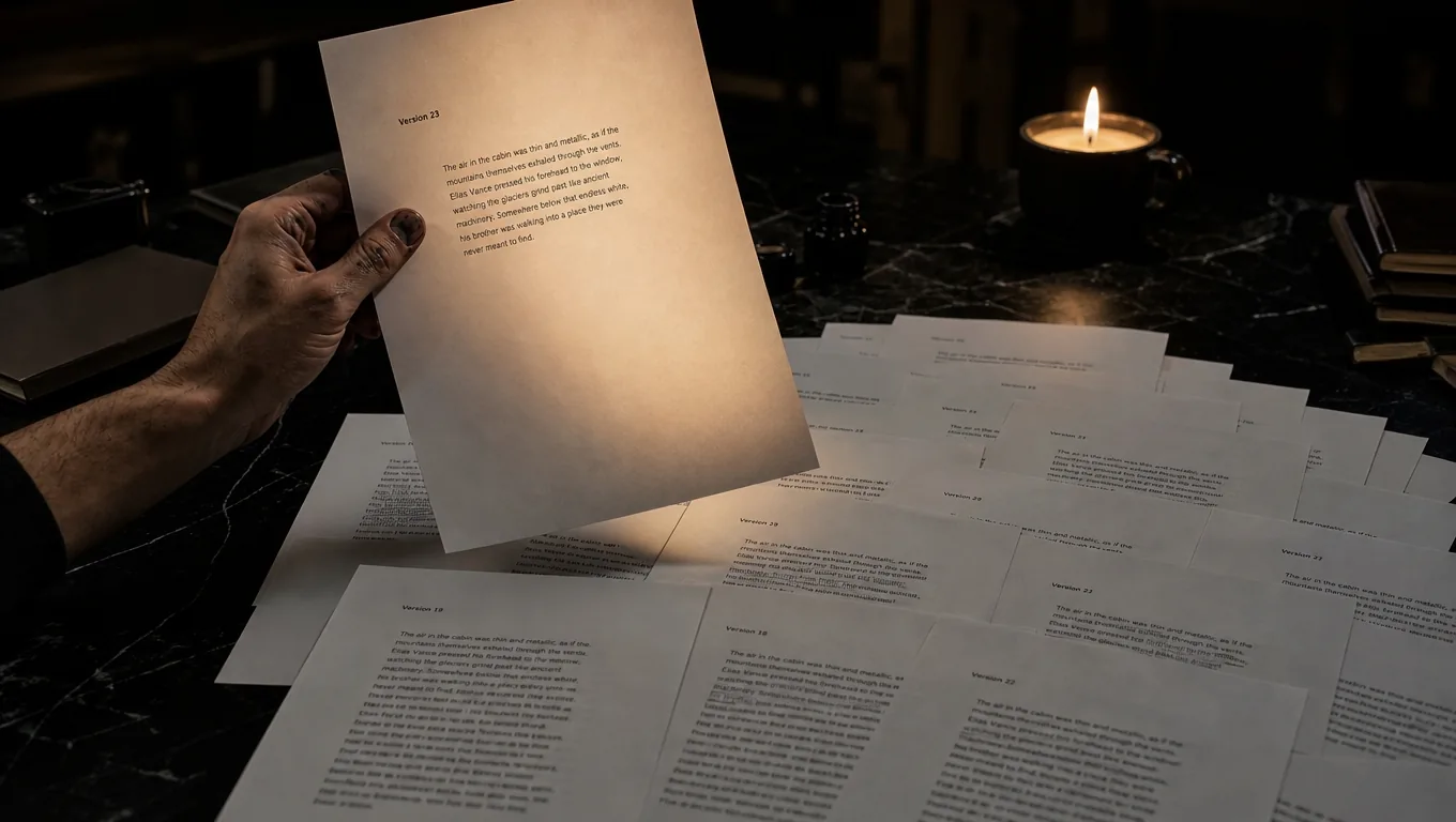 Printed pages fanned across a dark table, each a different version of the same opening paragraph. A hand with ink-stained fingers lifts one page into the candlelight.